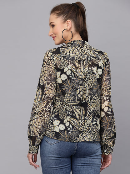 Valbone Women’s Black & Beige Georgette Floral Printed Shirt Full Sleeves