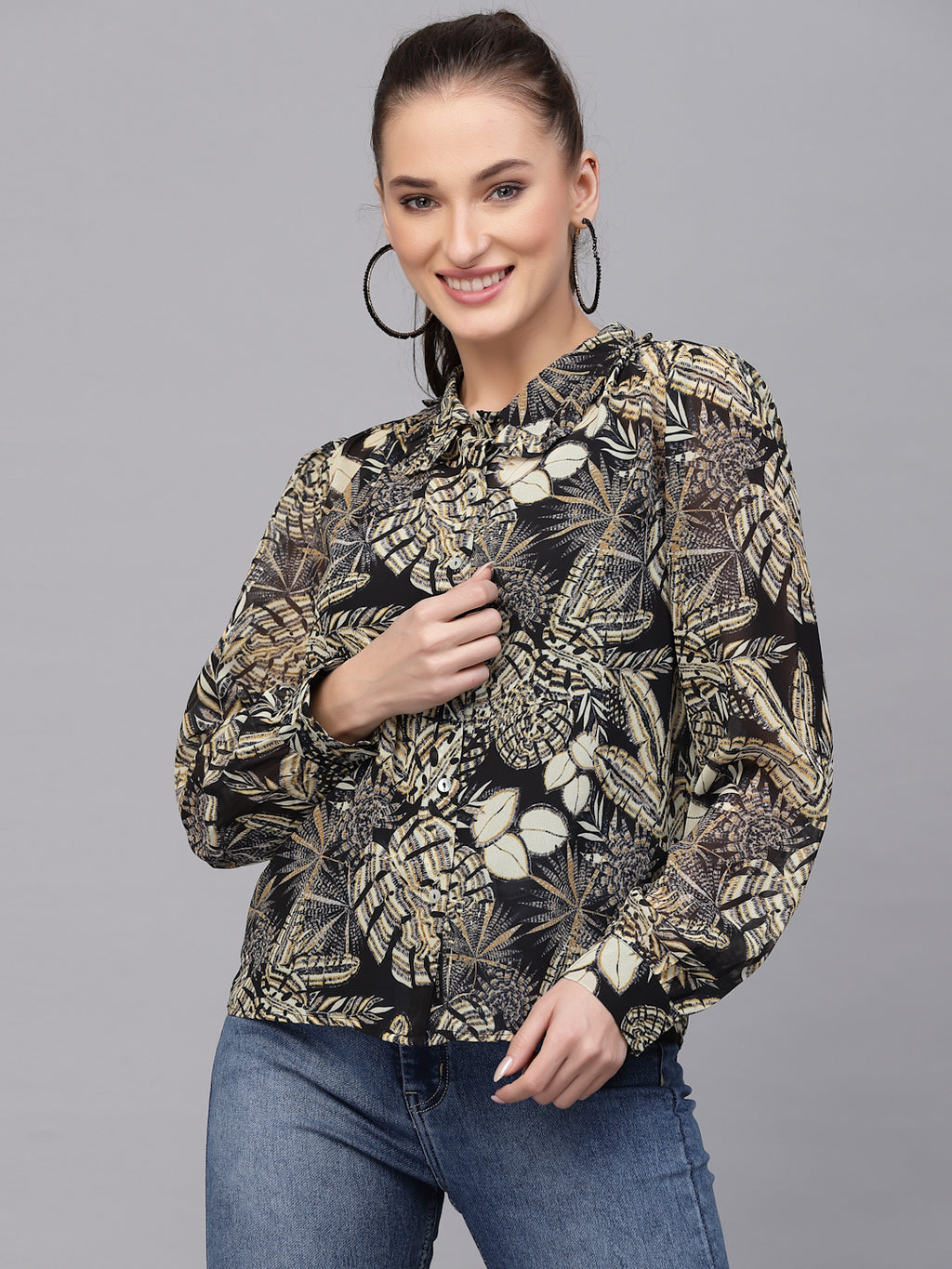 Valbone Women’s Black & Beige Georgette Floral Printed Shirt Full Sleeves