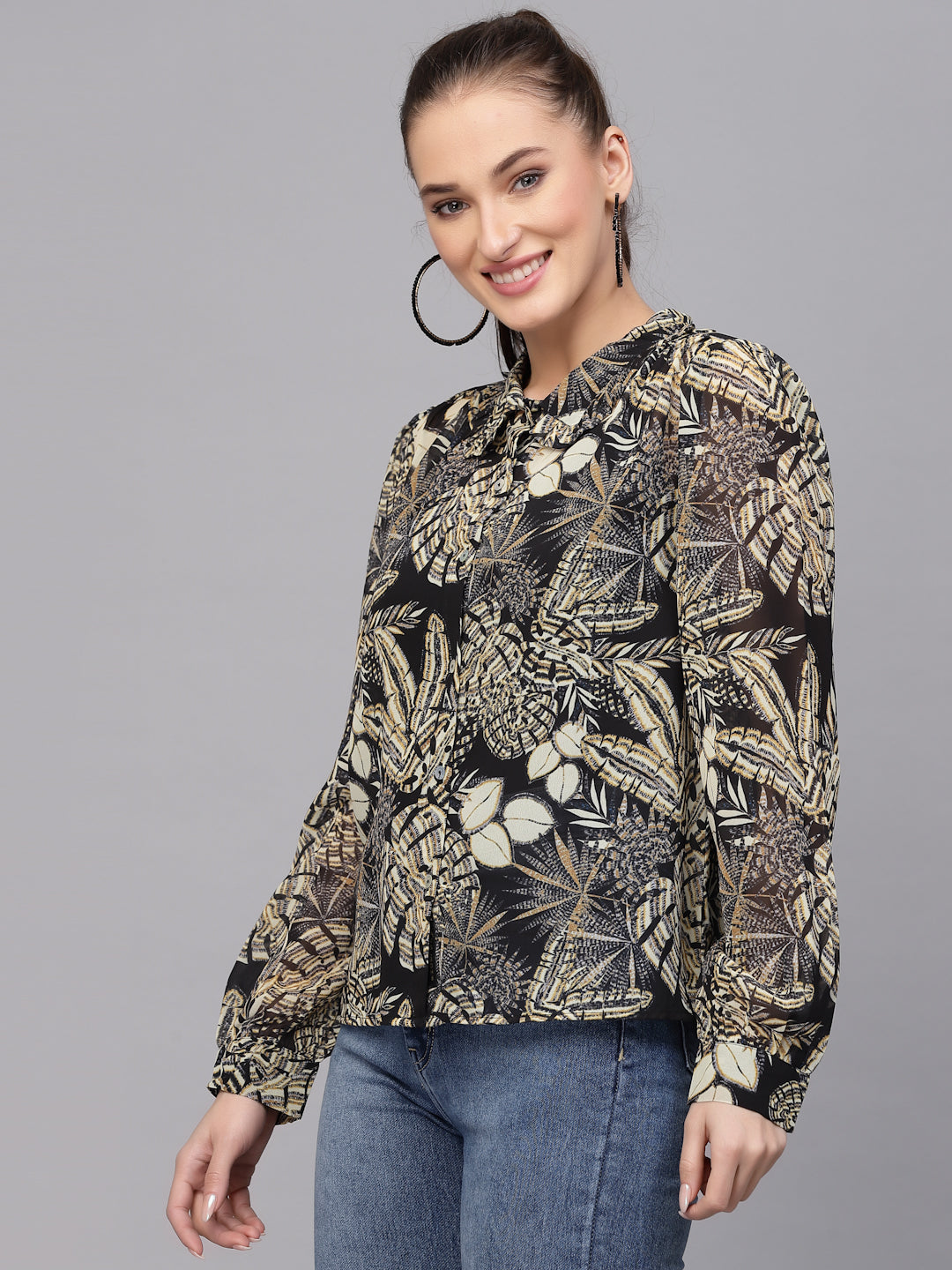 Valbone Women’s Black & Beige Georgette Floral Printed Shirt Full Sleeves