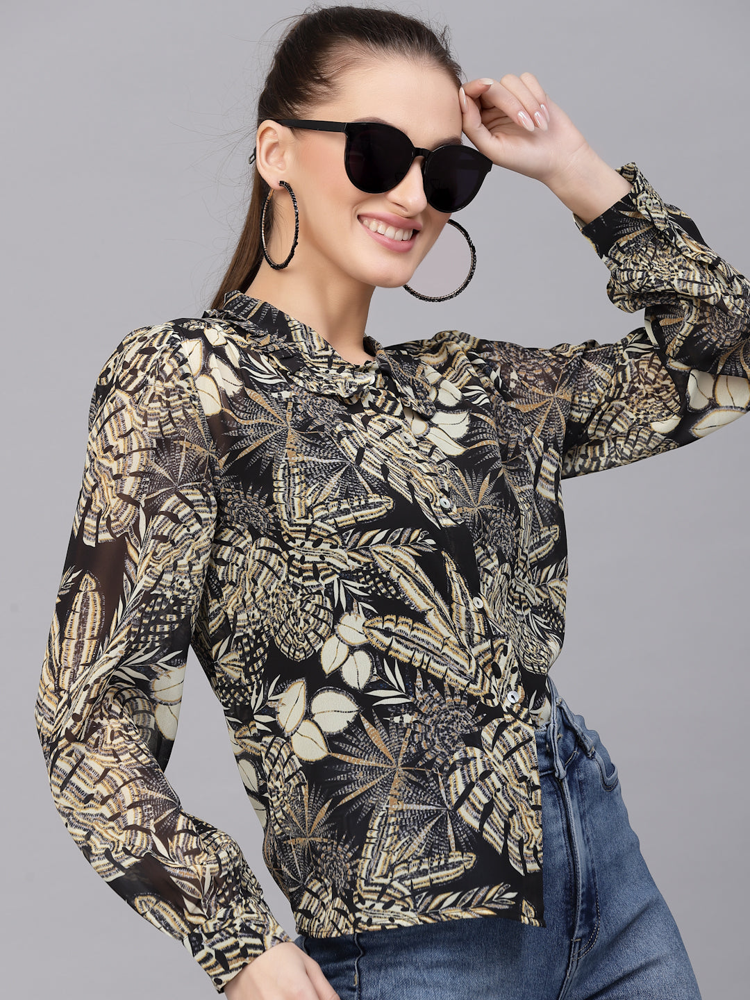 Valbone Women’s Black & Beige Georgette Floral Printed Shirt Full Sleeves