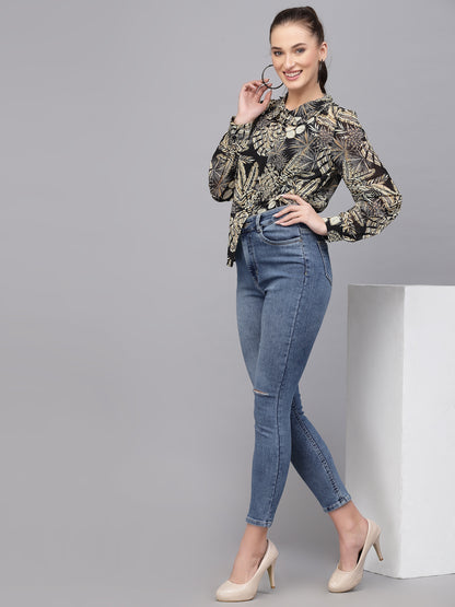 Valbone Women’s Black & Beige Georgette Floral Printed Shirt Full Sleeves