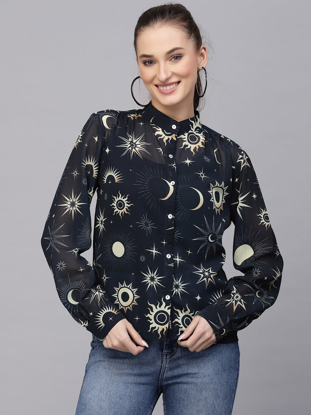 Valbone Women’s Navy Blue Georgette Printed Shirt