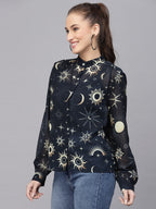 Valbone Women’s Navy Blue Georgette Printed Shirt