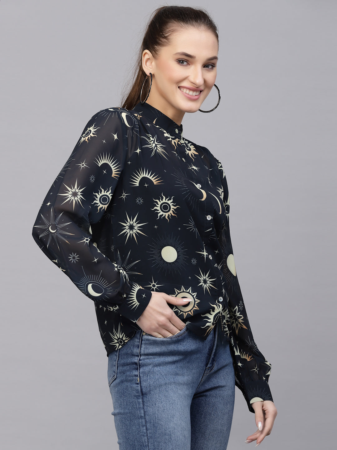 Valbone Women’s Navy Blue Georgette Printed Shirt