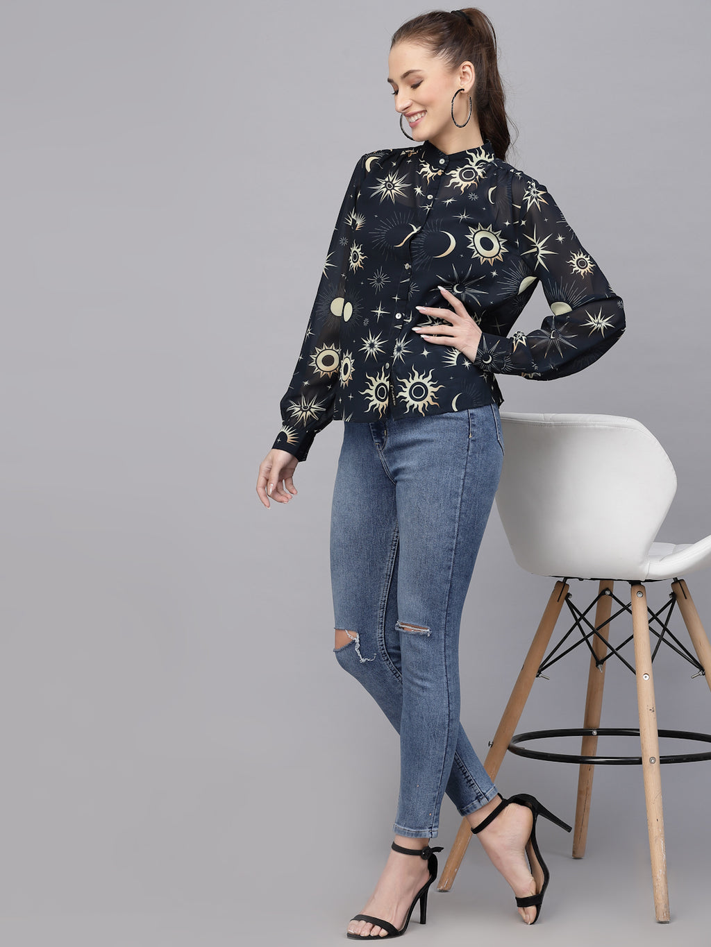 Valbone Women’s Navy Blue Georgette Printed Shirt