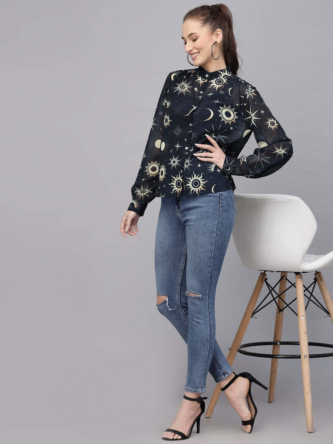 Valbone Women’s Navy Blue Georgette Printed Shirt