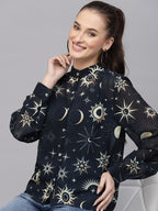 Valbone Women’s Navy Blue Georgette Printed Shirt