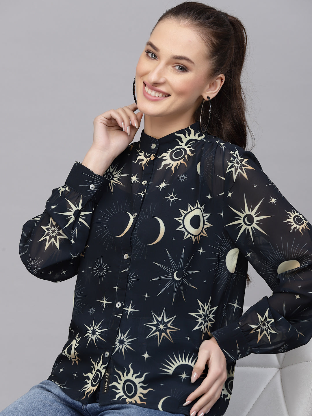 Valbone Women’s Navy Blue Georgette Printed Shirt
