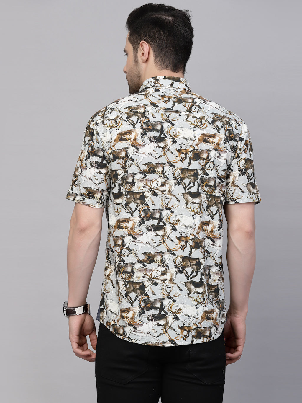 Valbone Men’s Digital Print Brown Dears Animal Printed Regular Fit Casual Shirt Half Sleeves