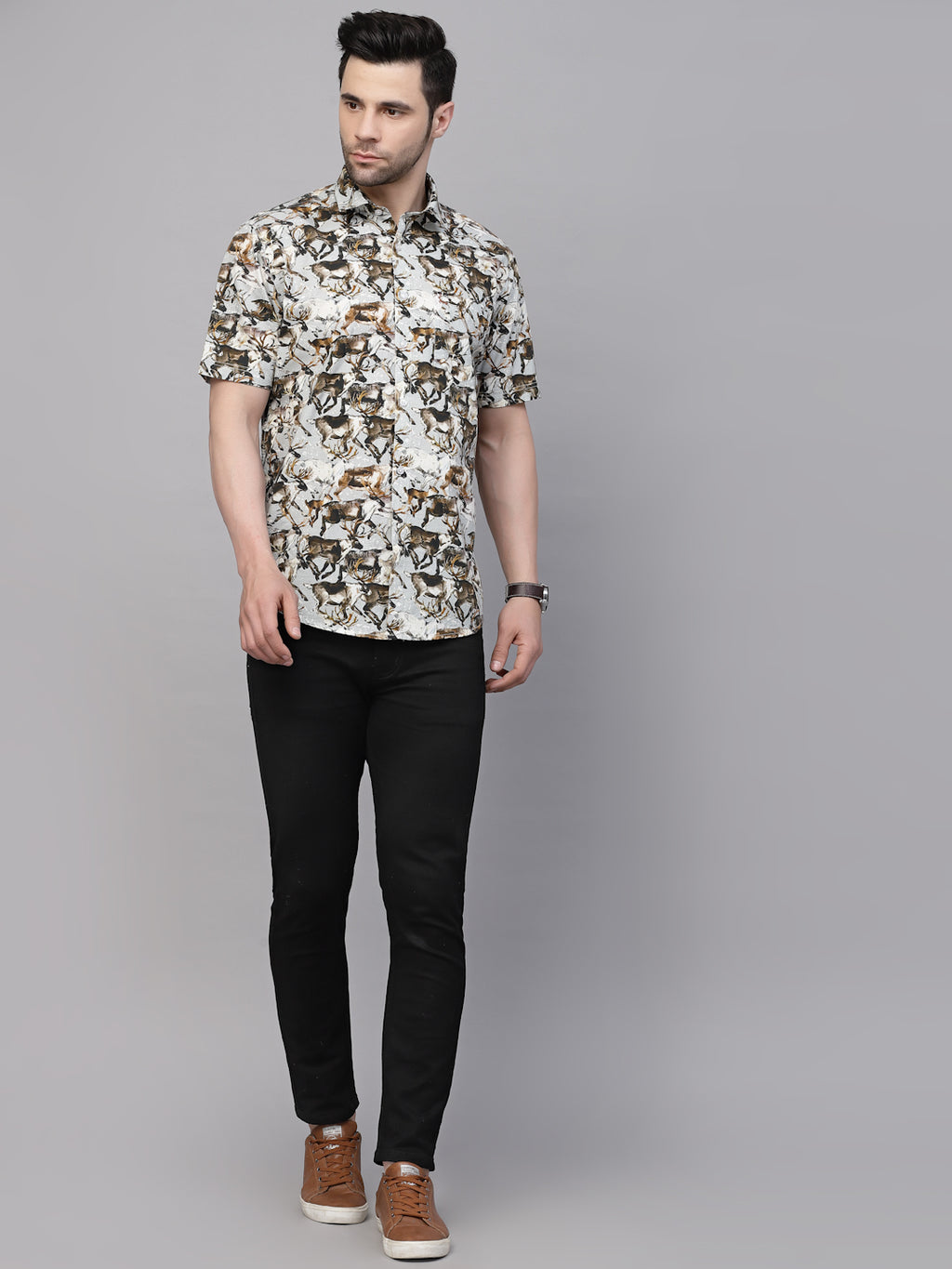 Valbone Men’s Digital Print Brown Dears Animal Printed Regular Fit Casual Shirt Half Sleeves