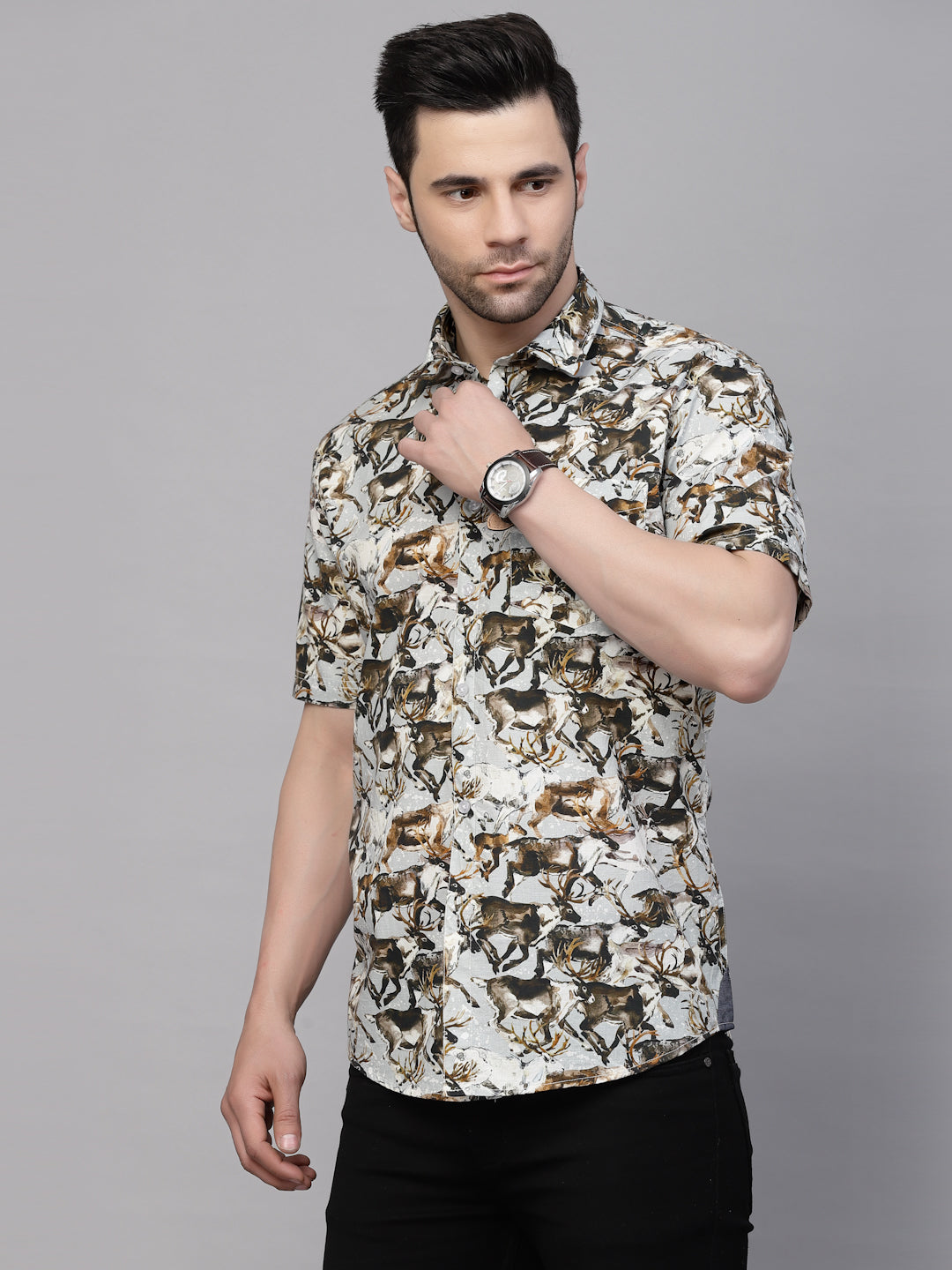 Valbone Men’s Digital Print Brown Dears Animal Printed Regular Fit Casual Shirt Half Sleeves