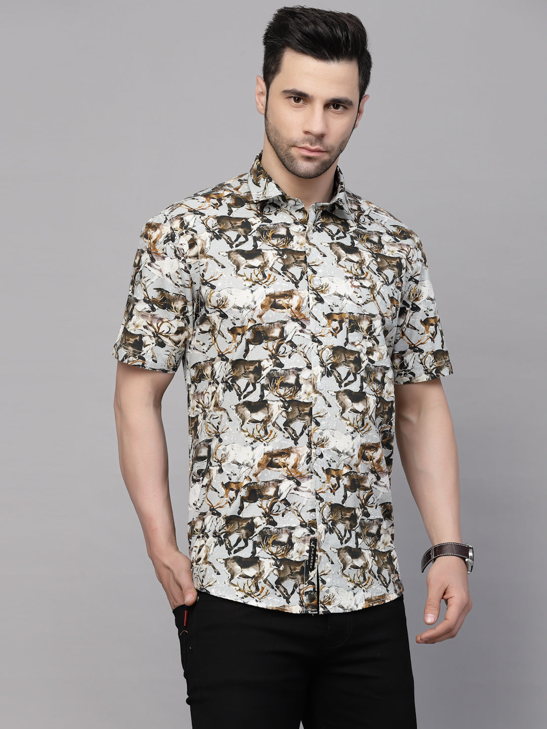Valbone Men’s Digital Print Brown Dears Animal Printed Regular Fit Casual Shirt Half Sleeves