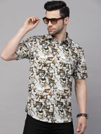 Valbone Men’s Digital Print Brown Dears Animal Printed Regular Fit Casual Shirt Half Sleeves