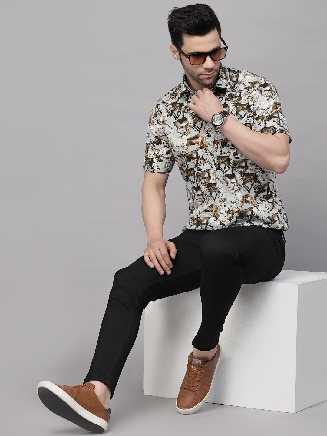 Valbone Men’s Digital Print Brown Dears Animal Printed Regular Fit Casual Shirt Half Sleeves