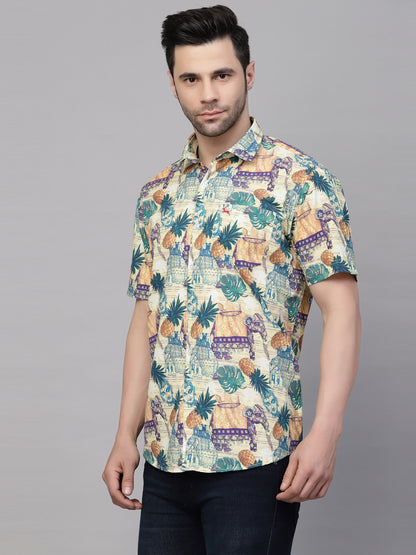 Valbone Men’s  Green & Yellow Digital Printed Regular Fit Casual Shirt Half Sleeves