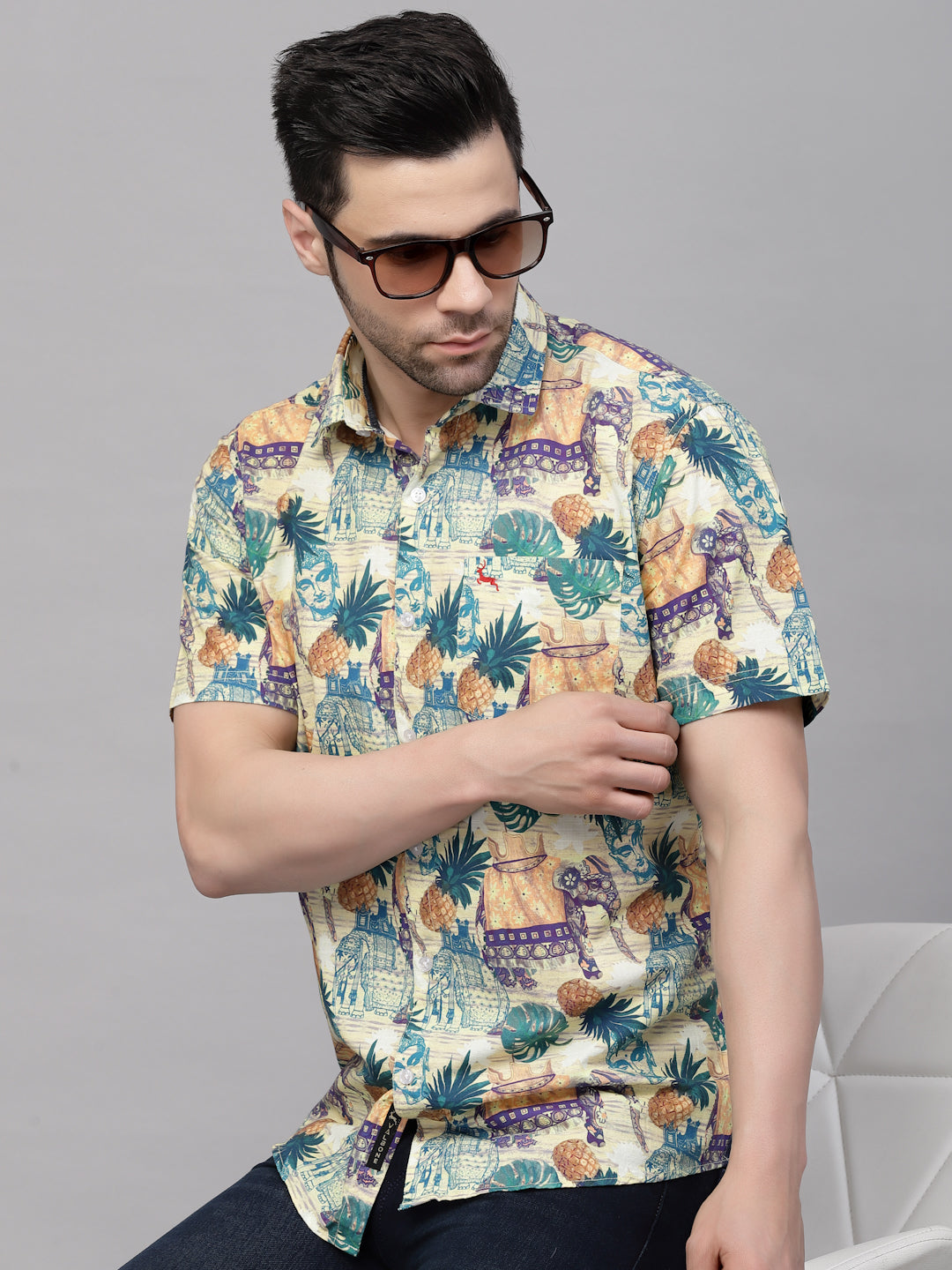 Valbone Men’s  Green & Yellow Digital Printed Regular Fit Casual Shirt Half Sleeves