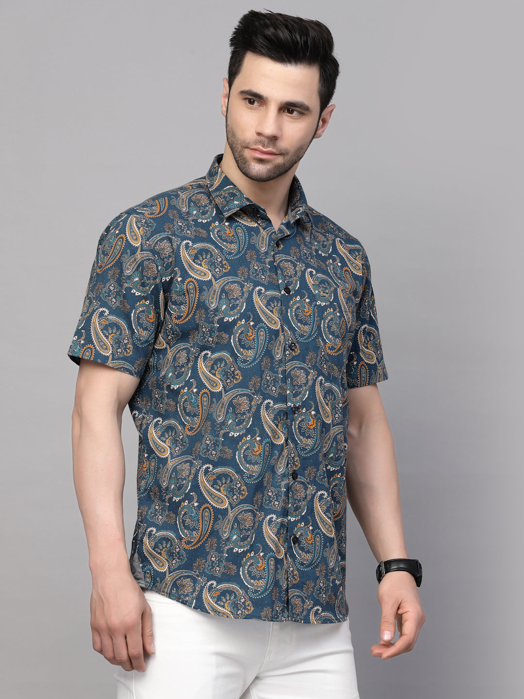 Valbone Men’s Blue Digital Print Paisley Design Regular Fit Casual Shirt Half Sleeves
