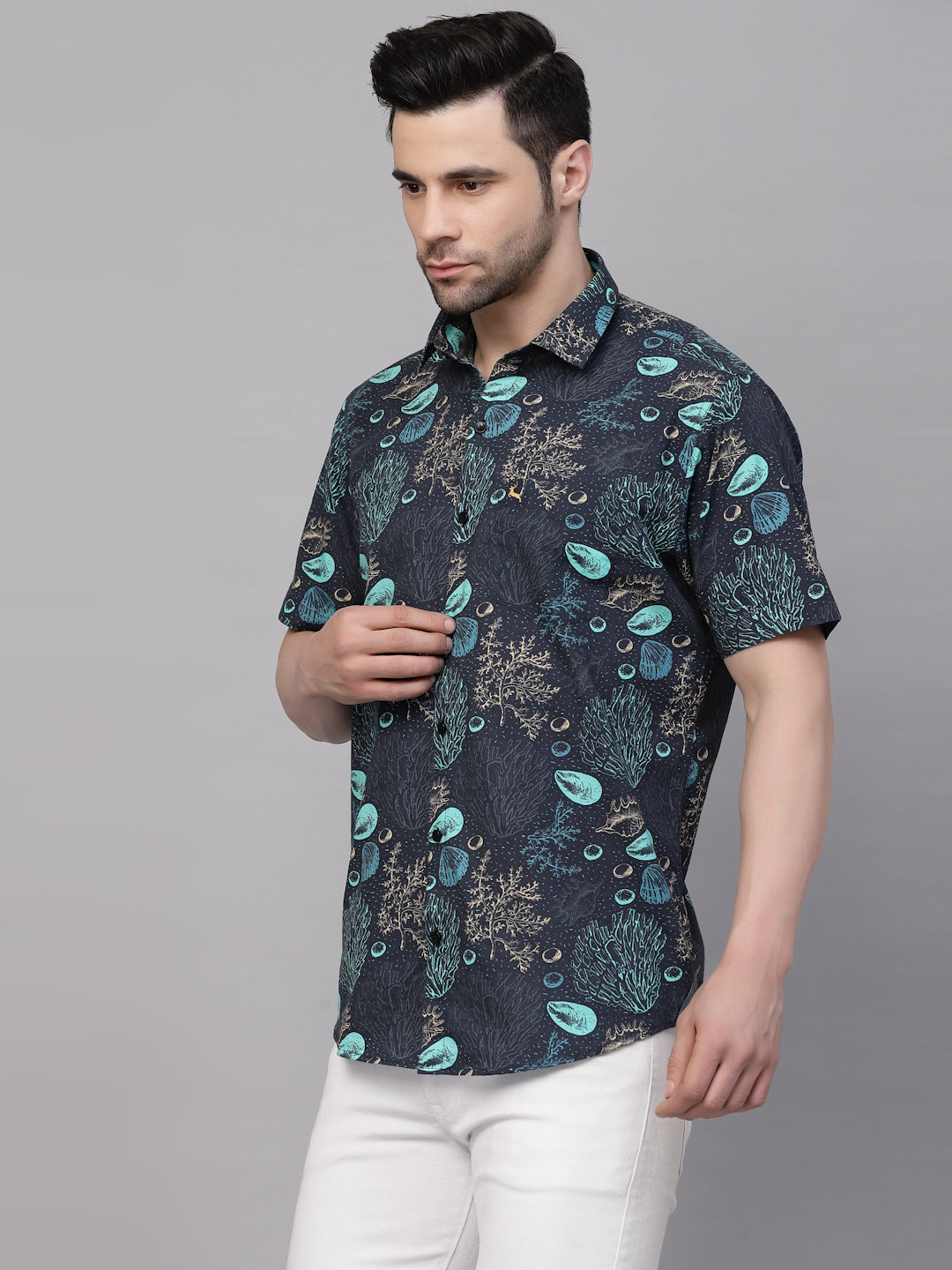 Valbone Men’s Blue & Black Digital Sea Plant Printed Regular Fit Casual Shirt Half Sleeves