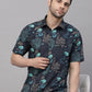 Valbone Men’s Blue & Black Digital Sea Plant Printed Regular Fit Casual Shirt Half Sleeves
