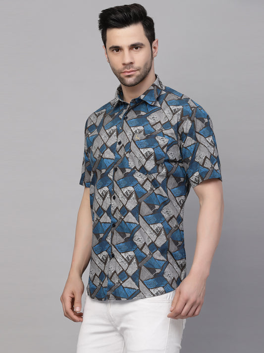 Valbone Men’s Digital Print Blue Geometric Printed Regular Fit Casual Shirt Half Sleeves