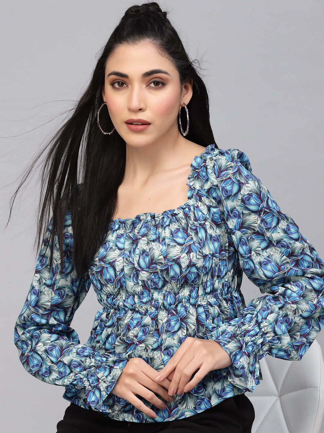 Valbone Women’s Blue Floral Printed Rayon Top Full Sleeves