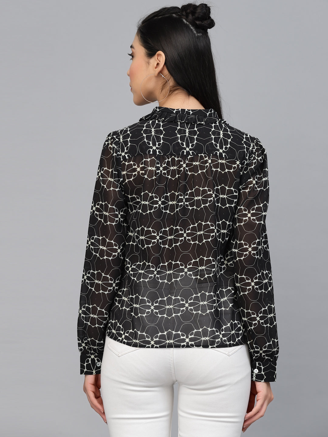 Valbone Women’s Black Georgette Floral Printed Shirt Collar Neck