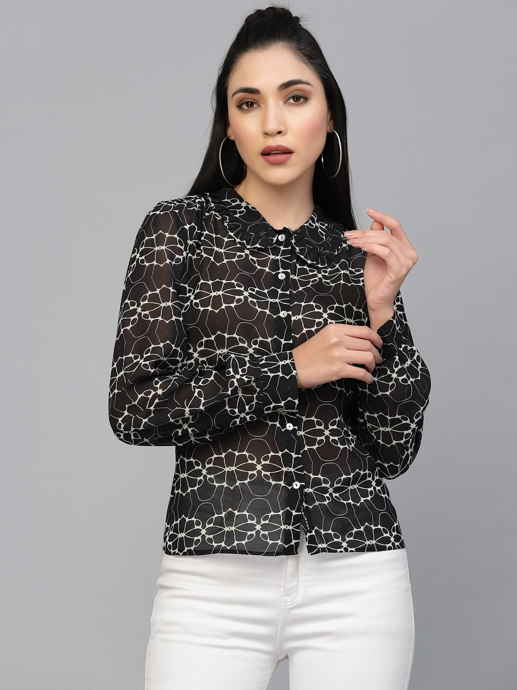 Valbone Women’s Black Georgette Floral Printed Shirt Collar Neck