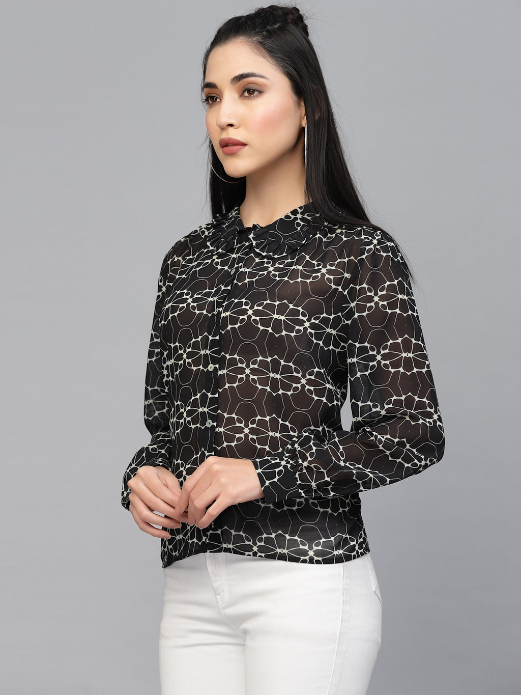 Valbone Women’s Black Georgette Floral Printed Shirt Collar Neck