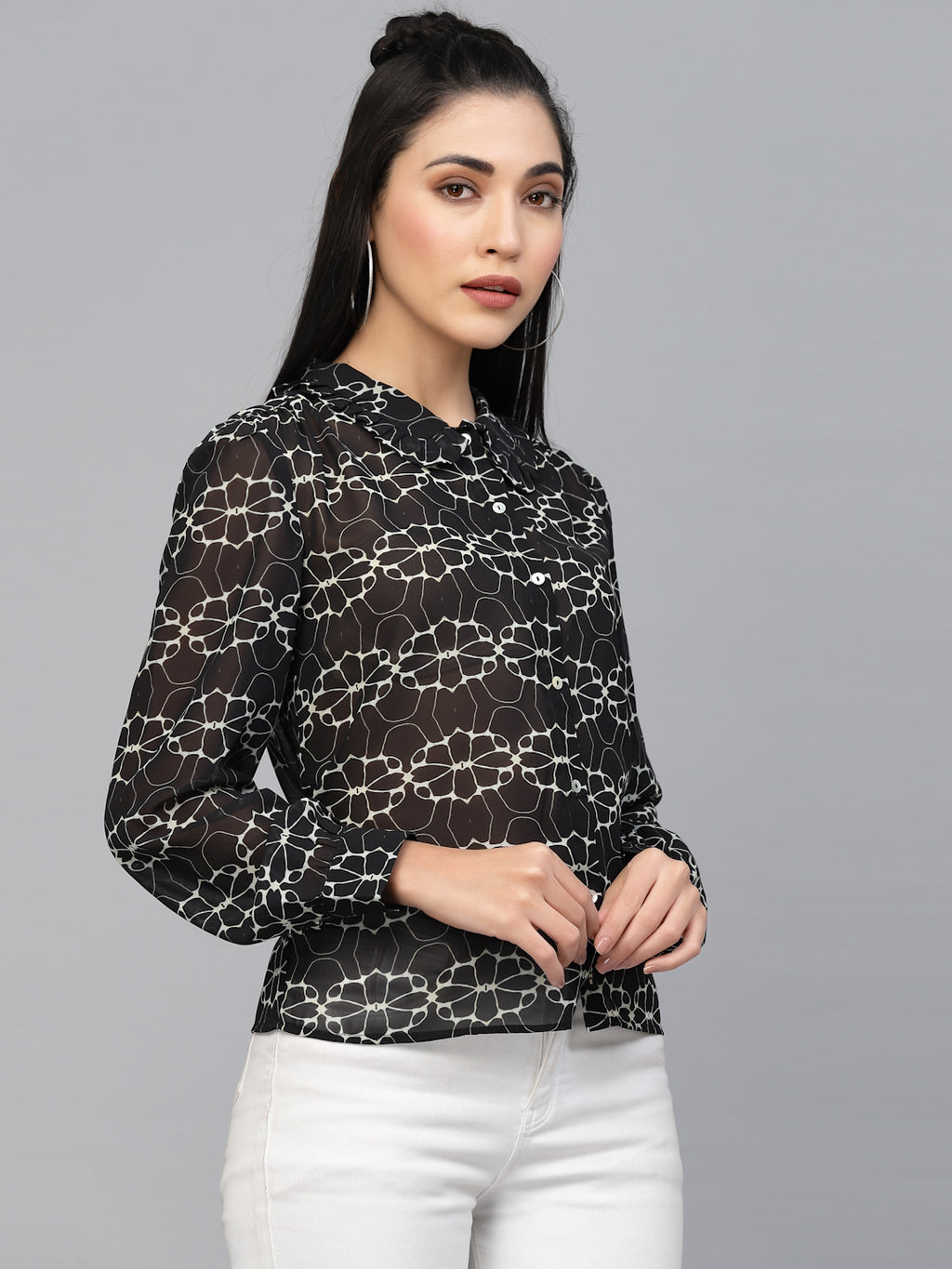 Valbone Women’s Black Georgette Floral Printed Shirt Collar Neck