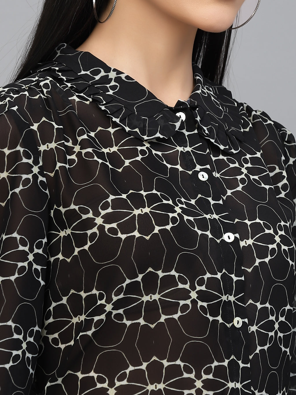 Valbone Women’s Black Georgette Floral Printed Shirt Collar Neck