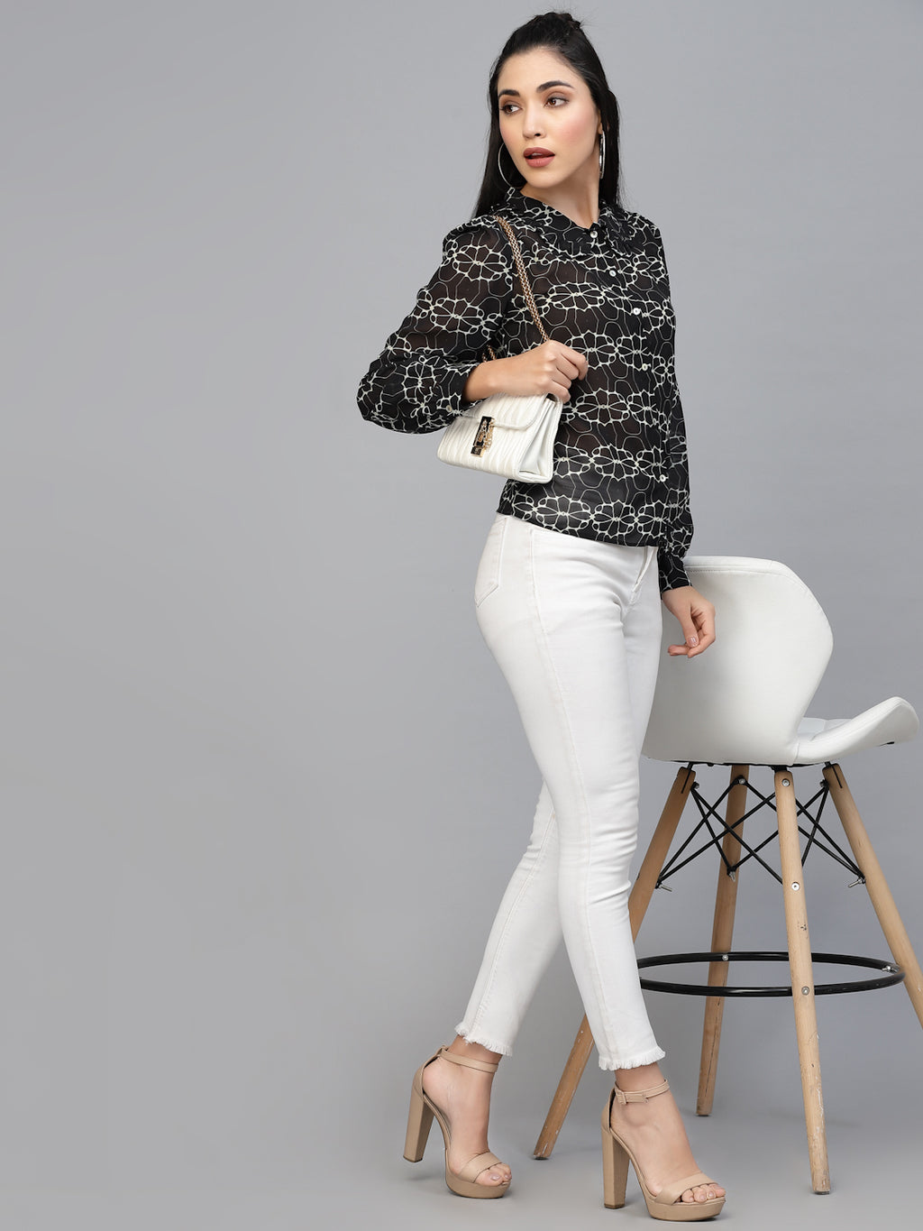 Valbone Women’s Black Georgette Floral Printed Shirt Collar Neck