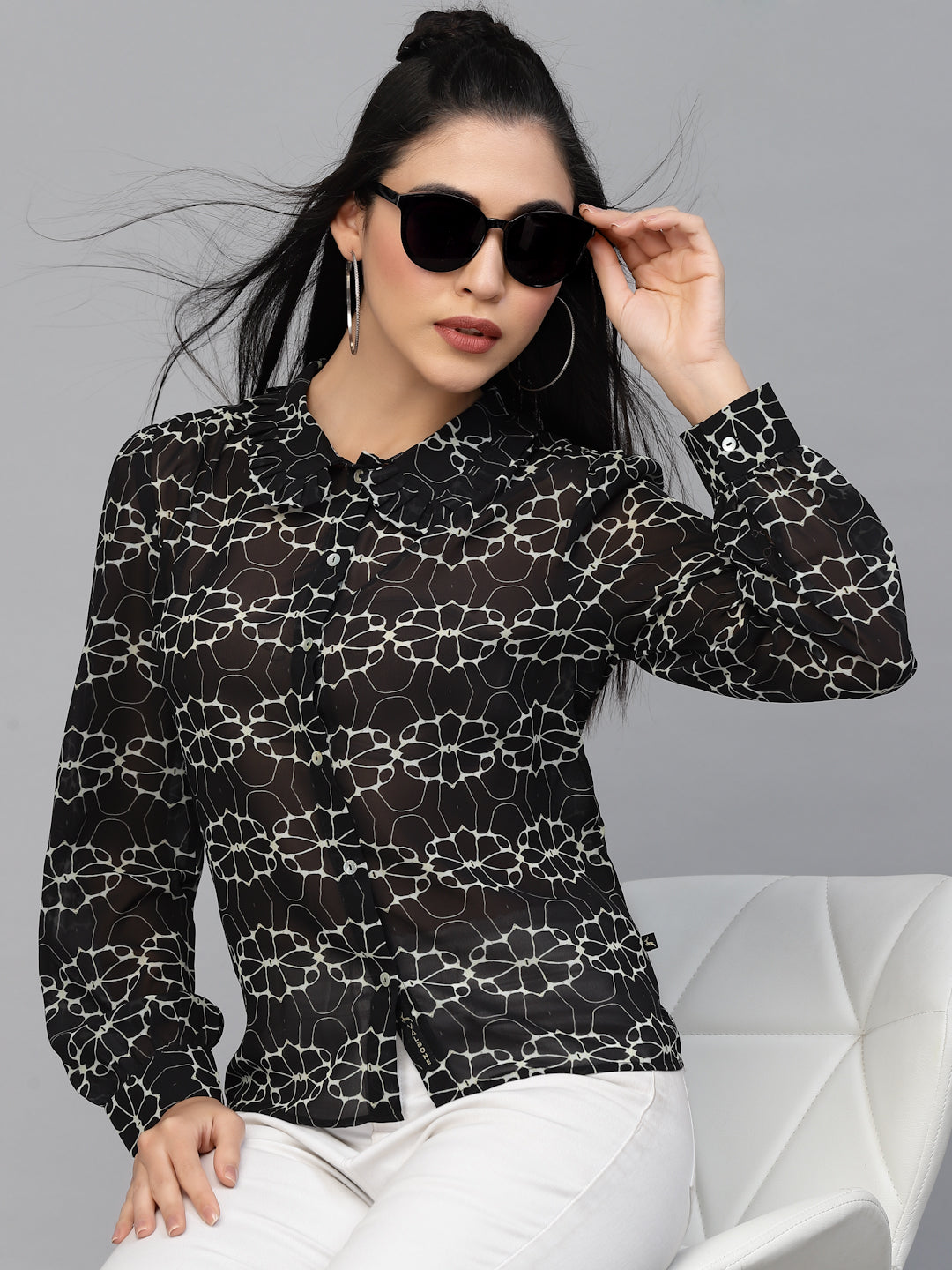 Valbone Women’s Black Georgette Floral Printed Shirt Collar Neck