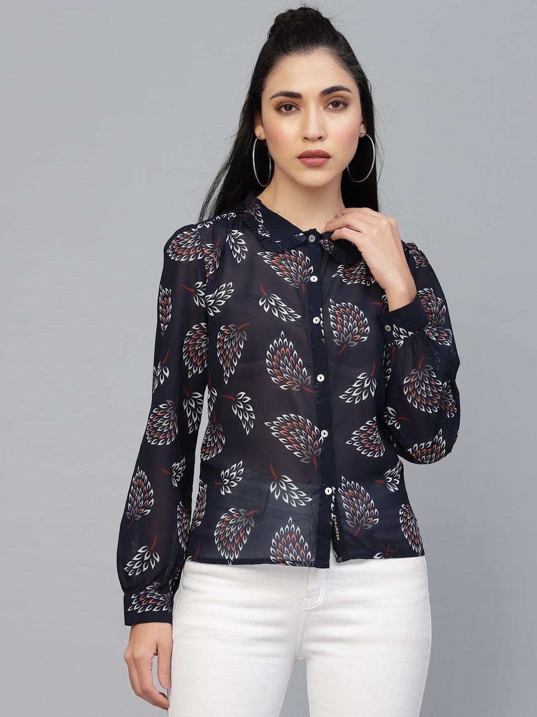 Valbone Women’s Navy Blue Georgette Printed Shirt