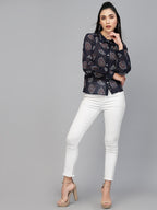 Valbone Women’s Navy Blue Georgette Printed Shirt