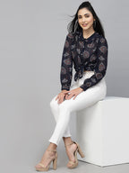Valbone Women’s Navy Blue Georgette Printed Shirt