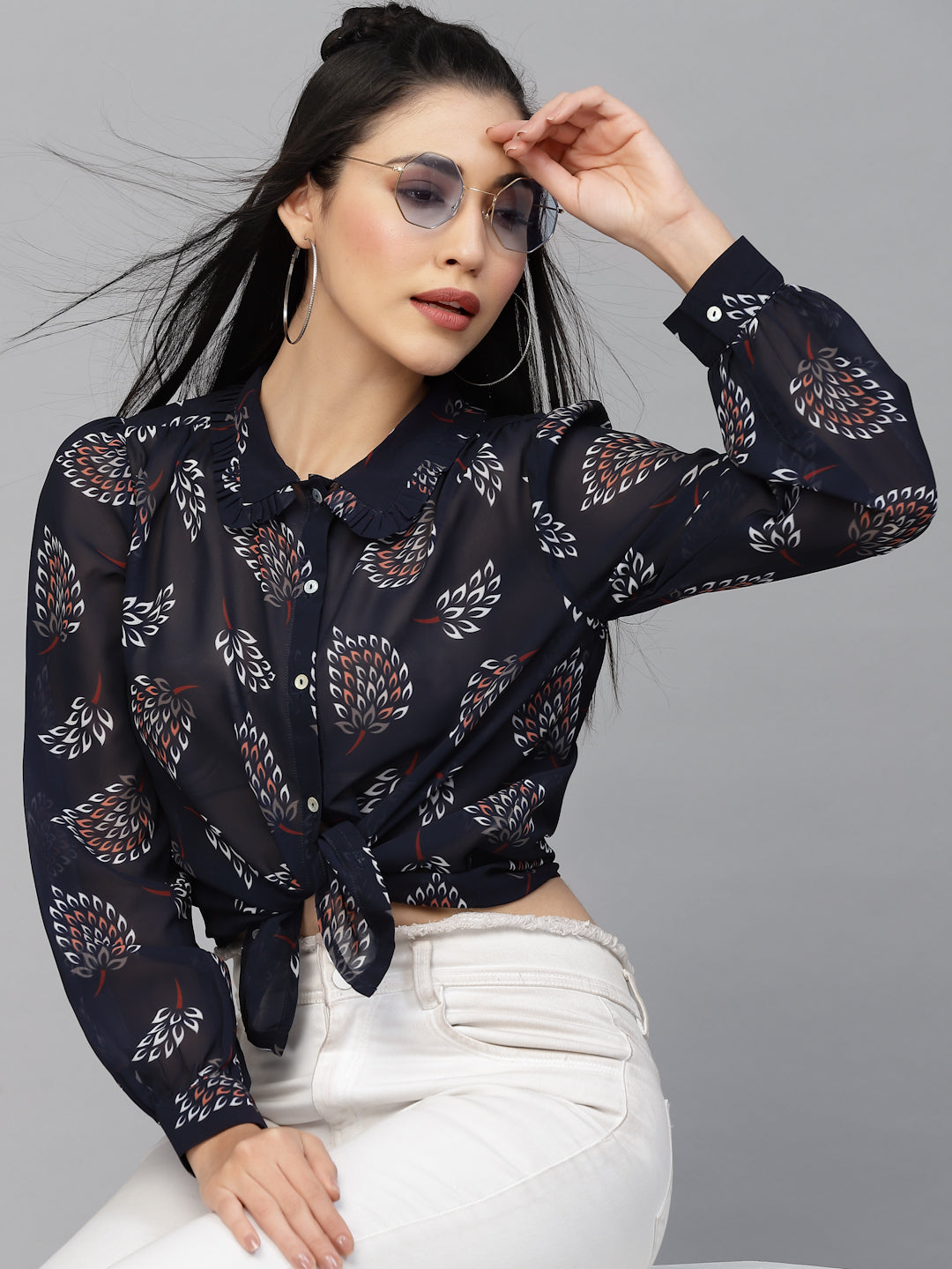 Valbone Women’s Navy Blue Georgette Printed Shirt