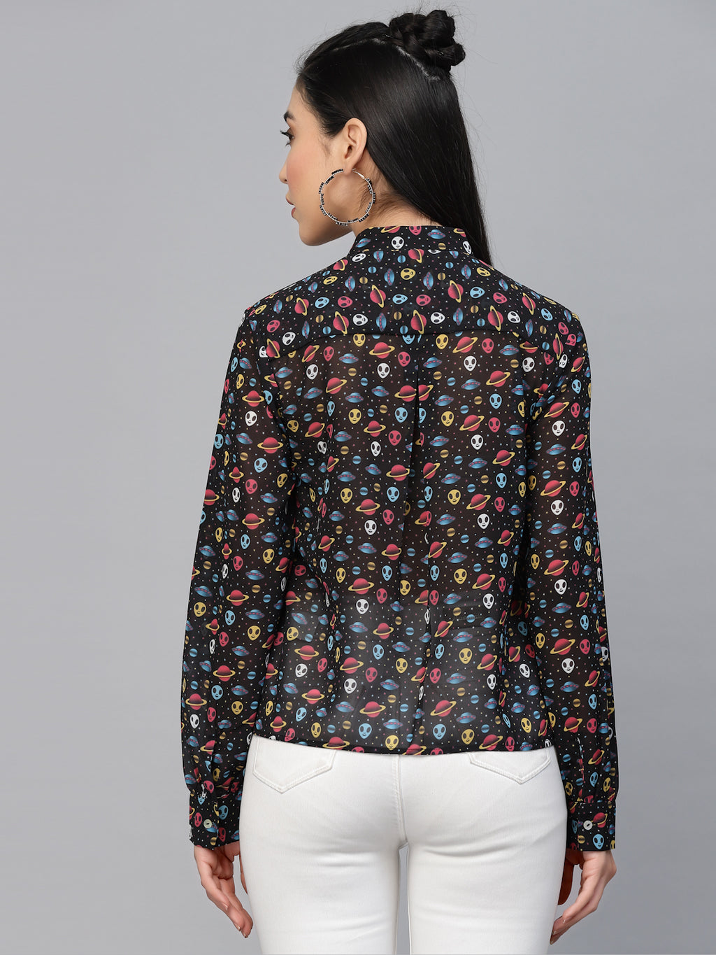 Valbone Women’s Black Georgette Printed Shirt Full Sleeves