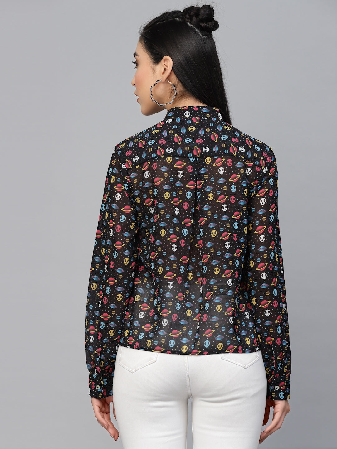 Valbone Women’s Black Georgette Printed Shirt Full Sleeves