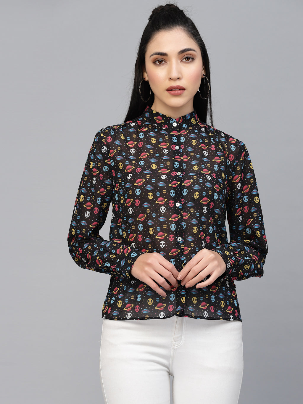 Valbone Women’s Black Georgette Printed Shirt Full Sleeves