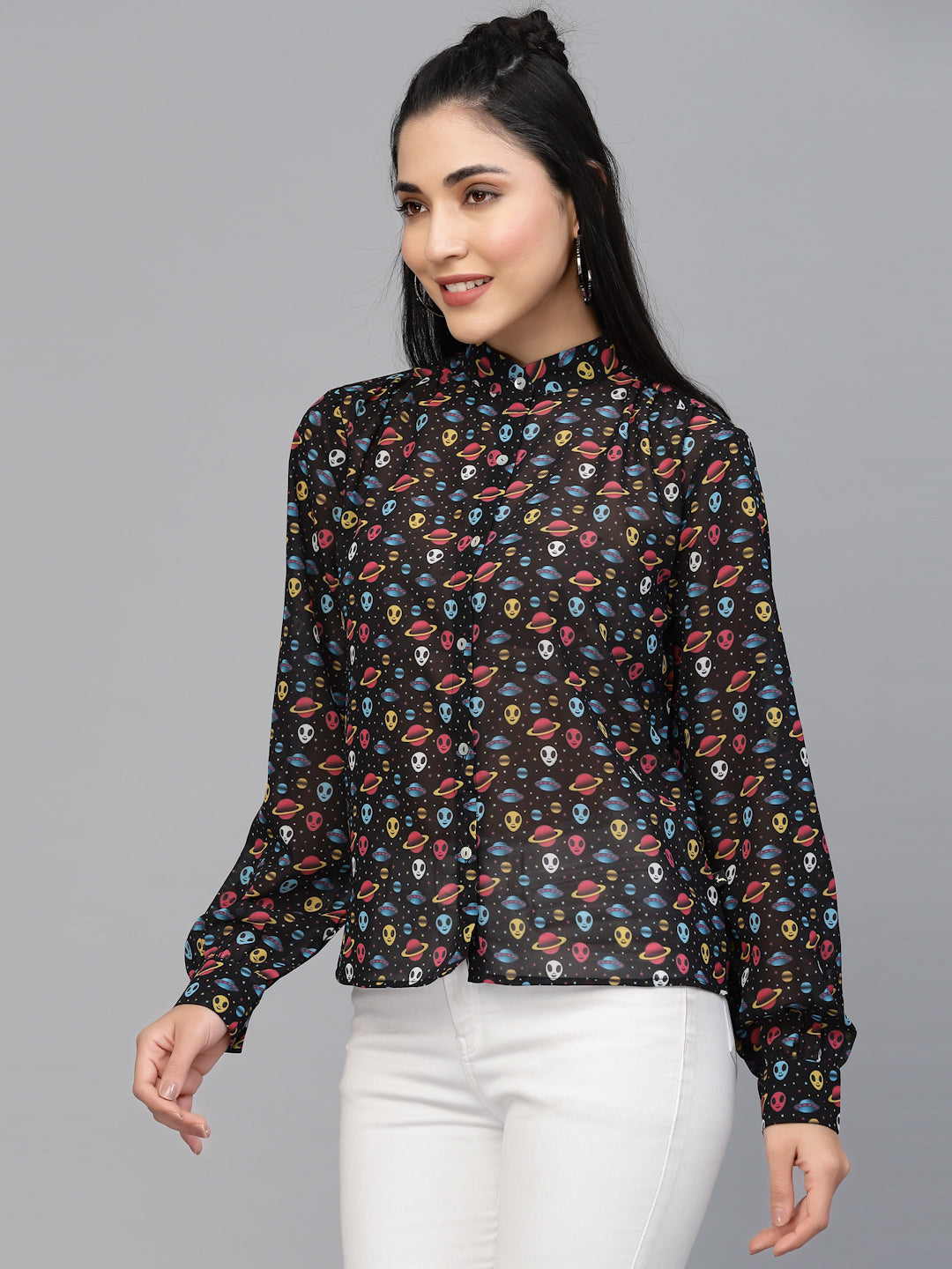 Valbone Women’s Black Georgette Printed Shirt Full Sleeves
