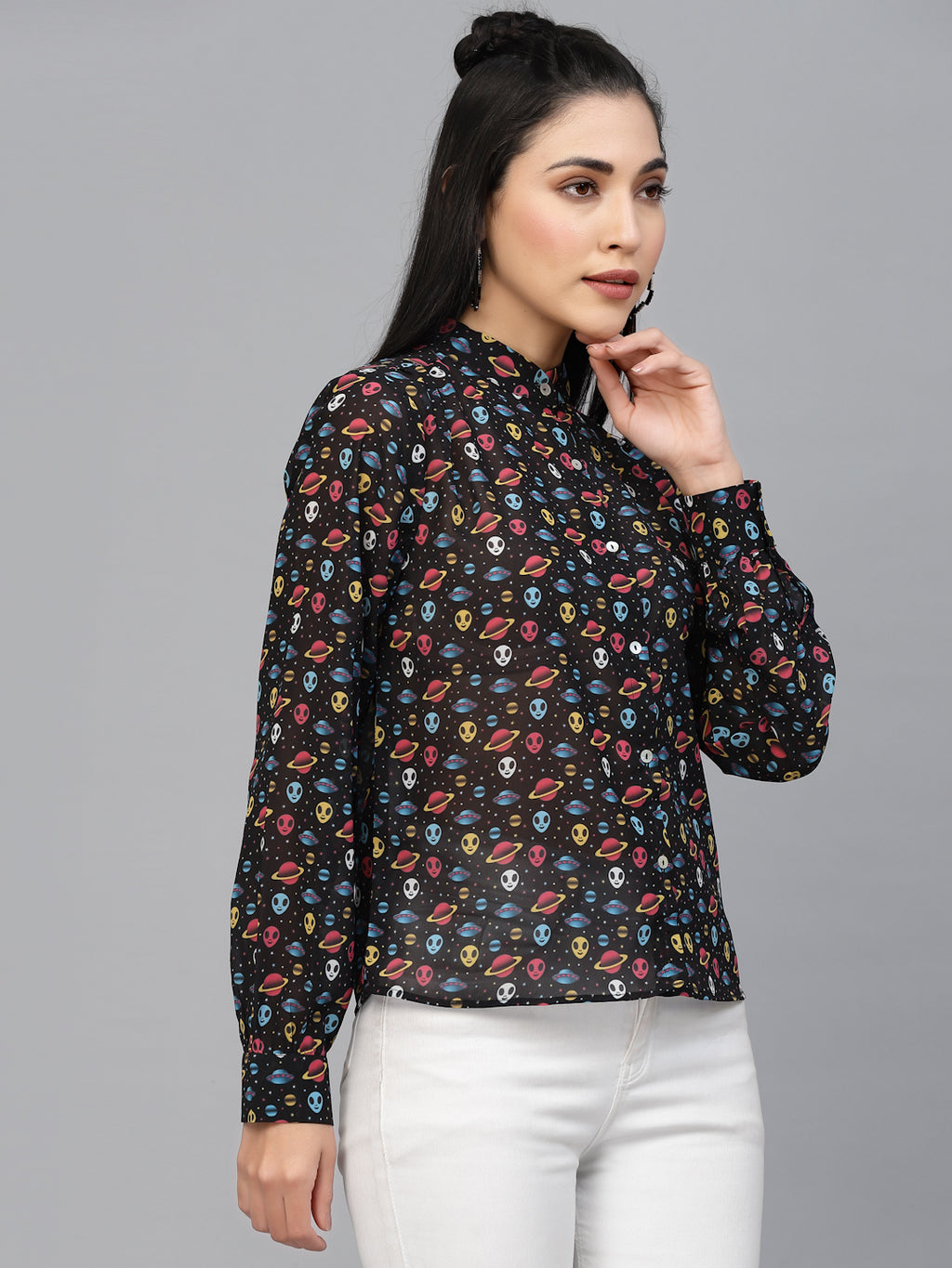 Valbone Women’s Black Georgette Printed Shirt Full Sleeves