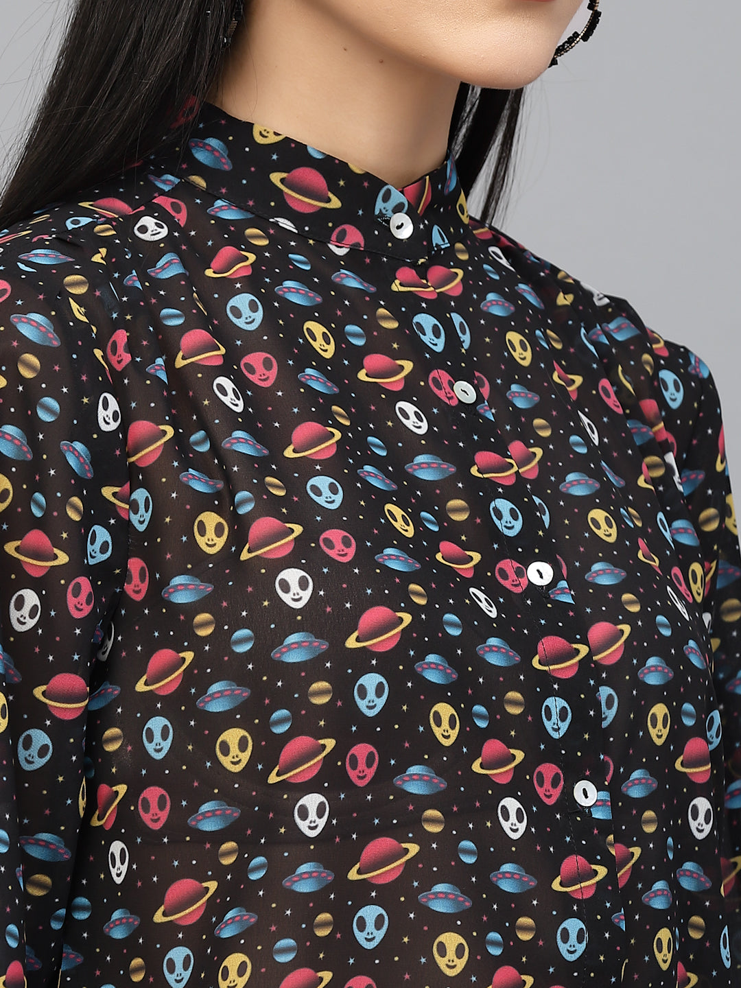 Valbone Women’s Black Georgette Printed Shirt Full Sleeves