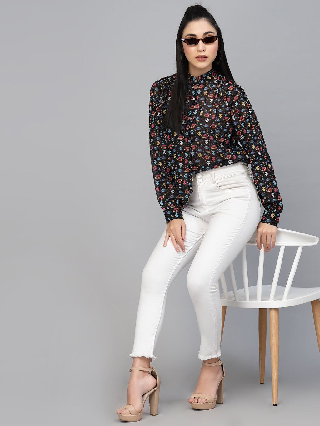 Valbone Women’s Black Georgette Printed Shirt Full Sleeves