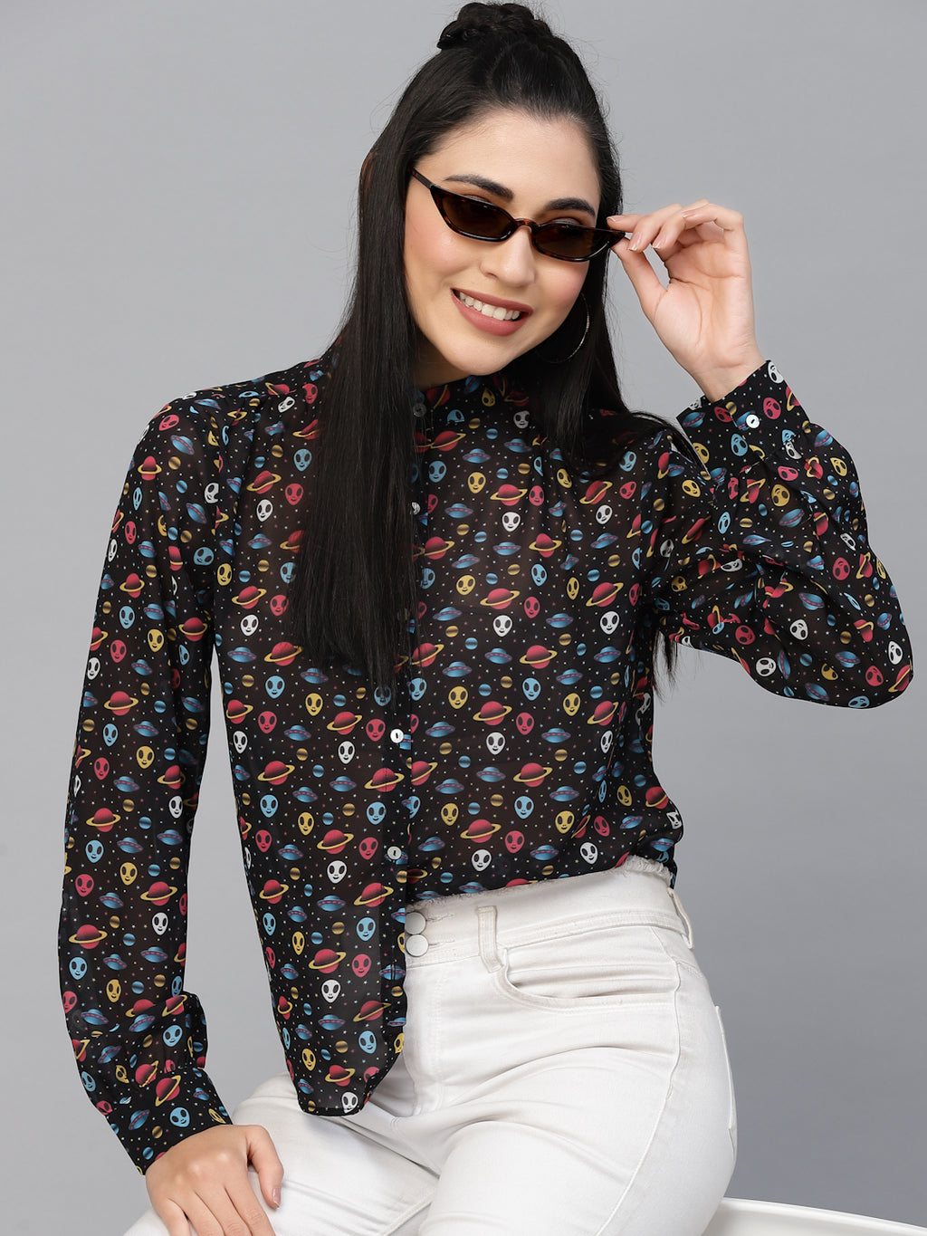 Valbone Women’s Black Georgette Printed Shirt Full Sleeves