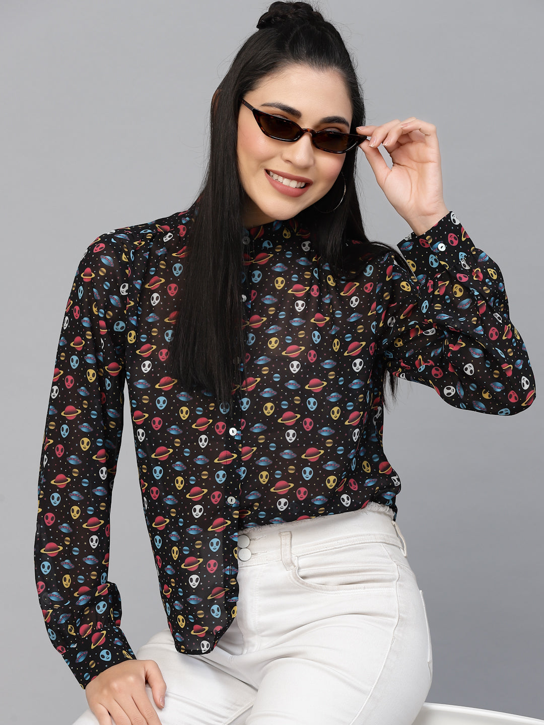 Valbone Women’s Black Georgette Printed Shirt Full Sleeves