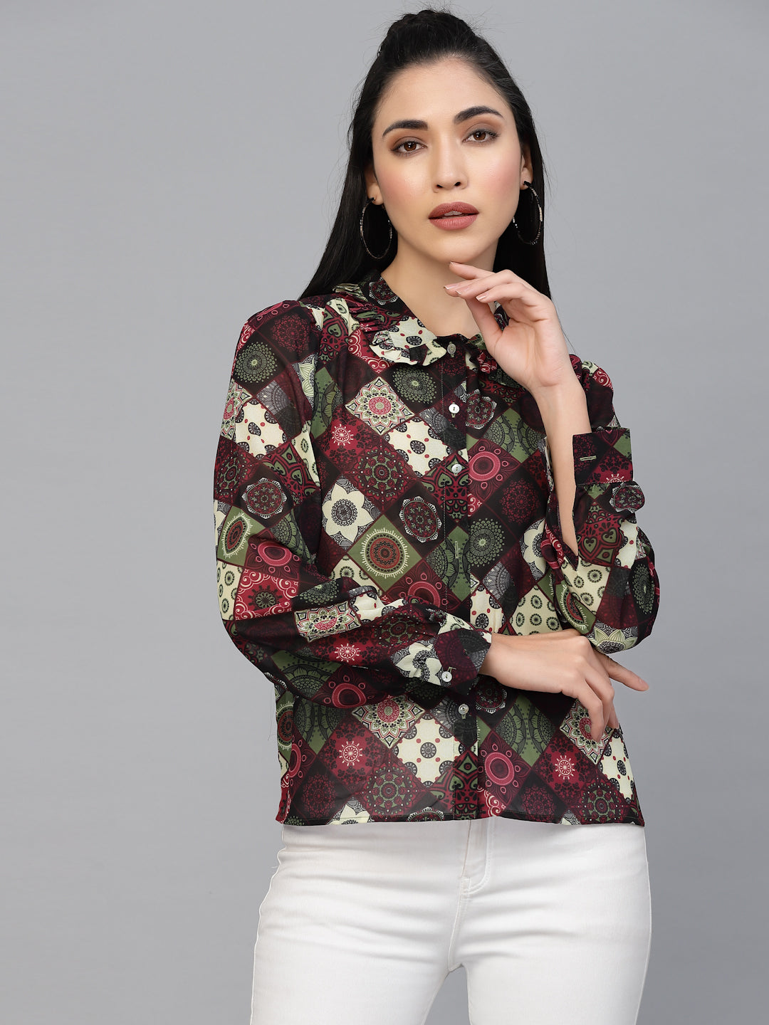 Valbone Women’s Maroon Georgette Printed Shirt