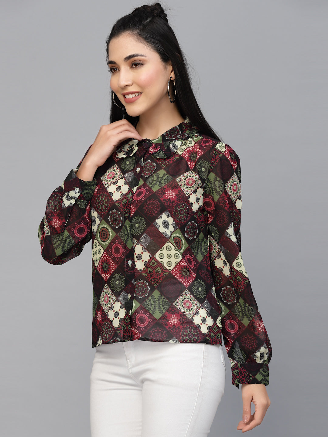 Valbone Women’s Maroon Georgette Printed Shirt