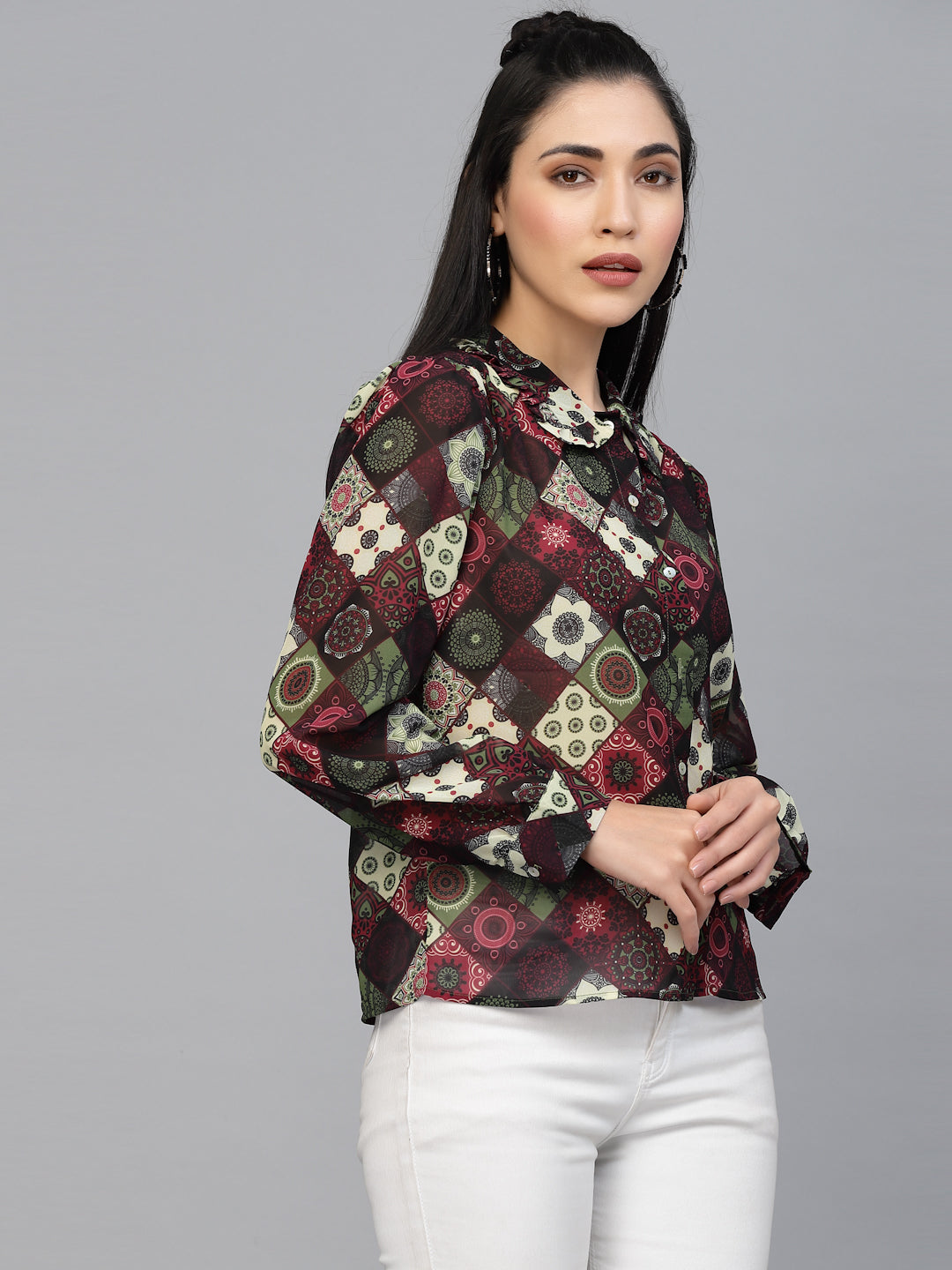 Valbone Women’s Maroon Georgette Printed Shirt