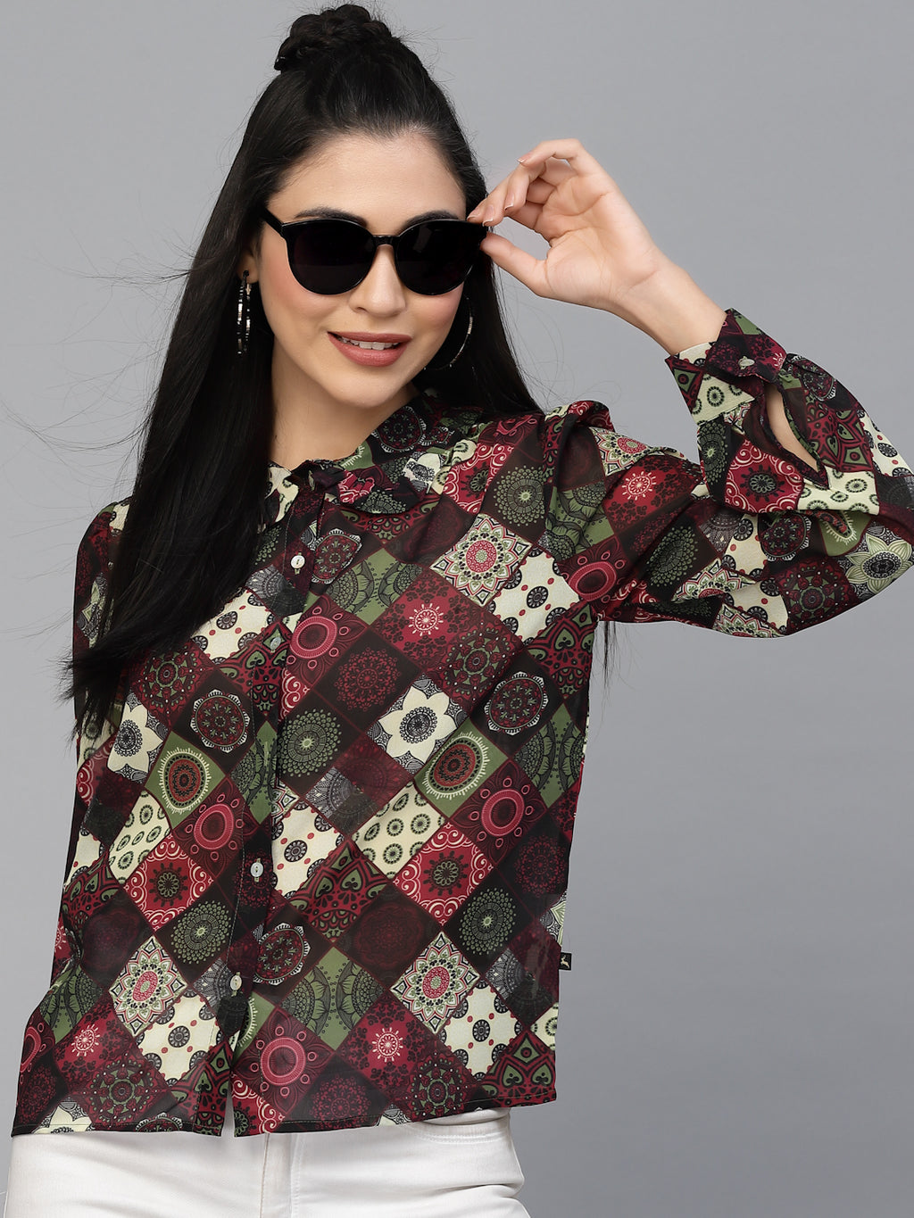 Valbone Women’s Maroon Georgette Printed Shirt