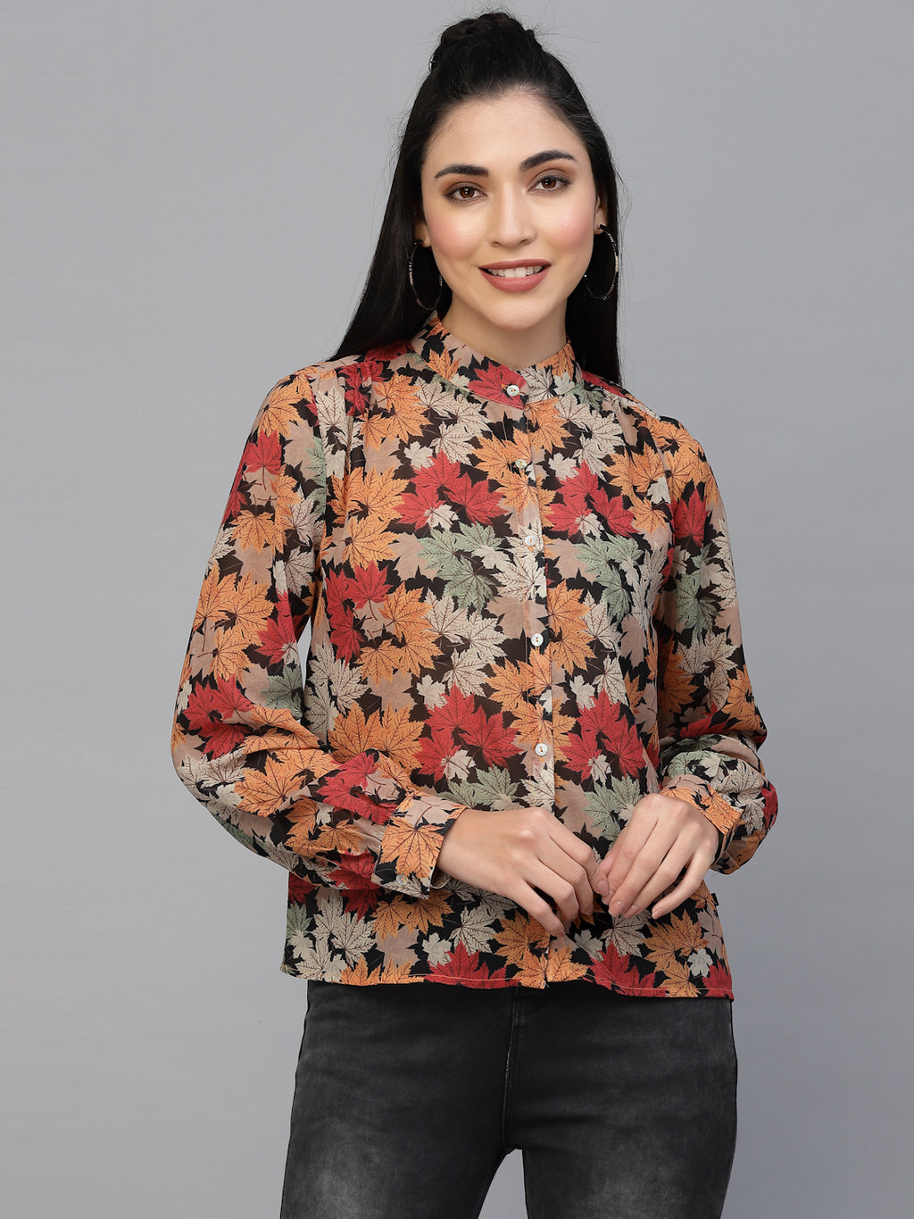 Valbone Women’s Orange Georgette Printed Shirt